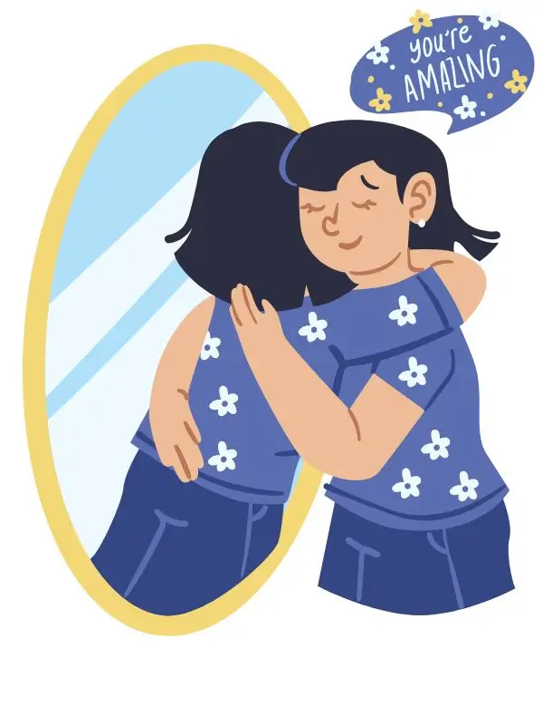 Ilustración animada de una joven abrazando su propio reflejo. El reflejo atraviesa el espejo y la abraza, simbolizando el diálogo interno y la autoaceptación
